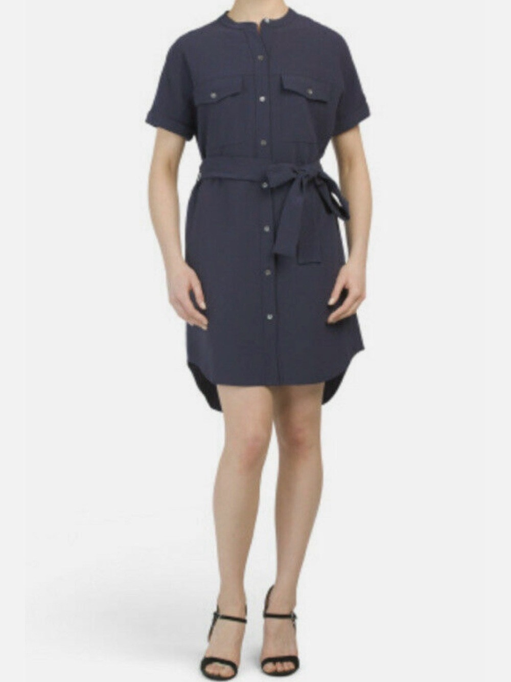 Theory Maxyne Crepe Navy Short-Sleeve Shirt Dress with Tie Waist size M